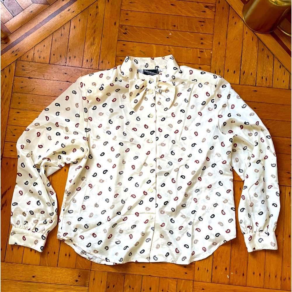 VTG Cream Paisley Blouse with Bow SZ 16